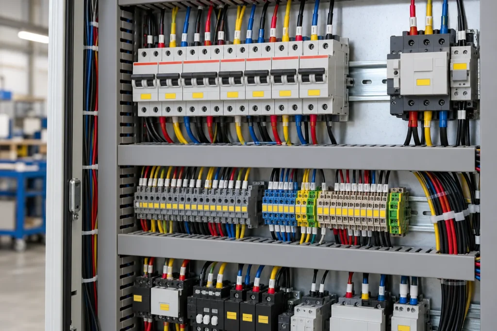 Close-up of labelled MCBs, contactor and terminal blocks inside an electrical panel