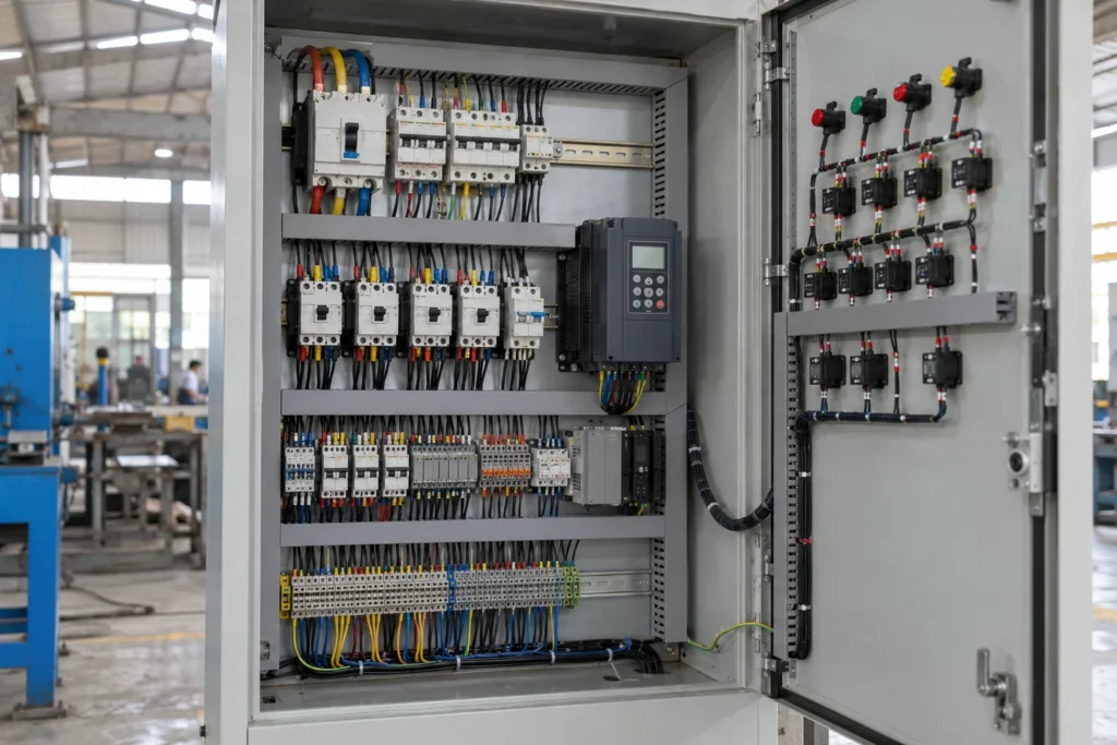 Open electrical panel from an Indian manufacturer showing MCCB, MCBs, contactors, VFD and color-coded wiring